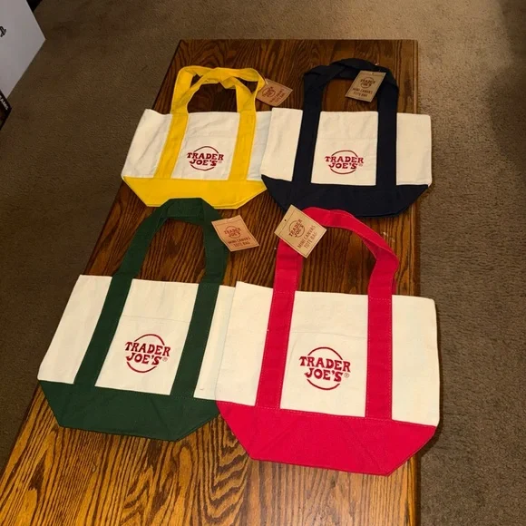 Trader Joe's Mini Canvas Tote Bag Set Of 4 Red Blue Green Yellow New - Picture 3 of 8